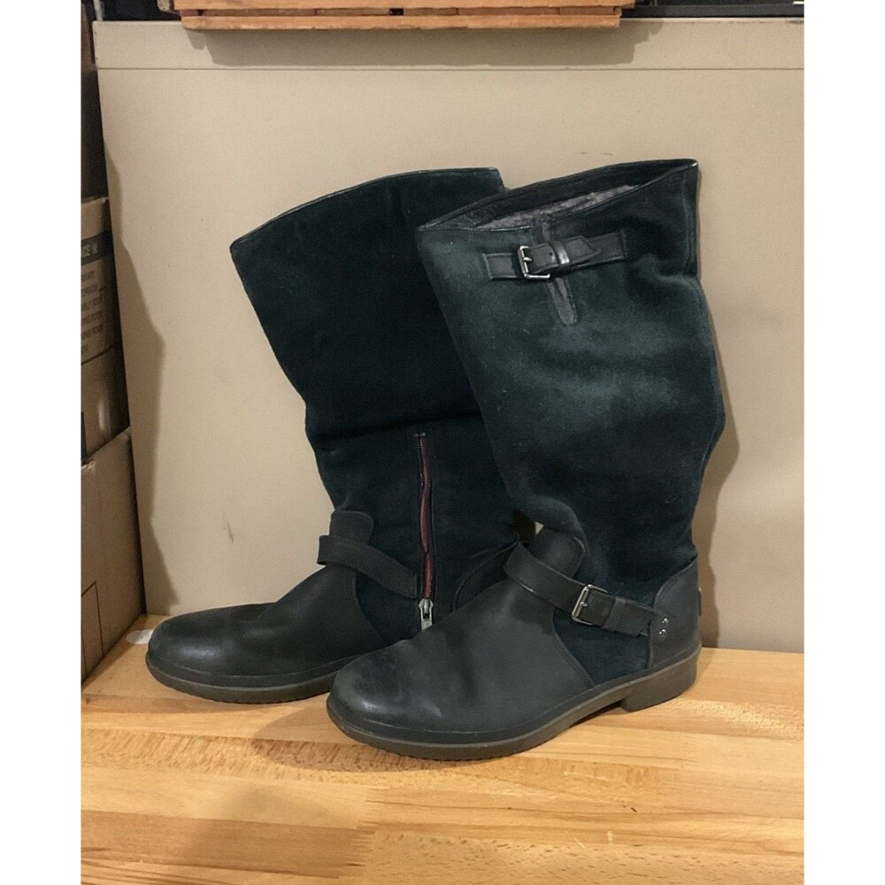 UGG Women's Black Waterproof Suede Knee High Riding Boots Buckle Logo Zip